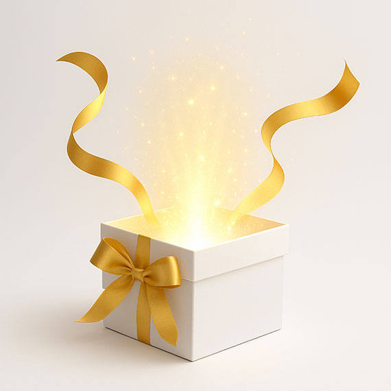 White gift box with gold ribbon and glowing sparkles used for Spirit & Body Massage holiday renewal promotion in Prescott Valley, AZ.